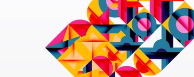 Soyut geometrik bileşim. Parlak renkler, şekiller, dinamik görsel efekt oluşturur. Modern tasarım, temiz çizgiler, kalın desenler.