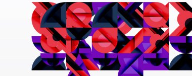 Soyut geometrik şekiller, kırmızı mor siyah renkler. Modern tasarım, temiz çizgiler, minimalist estetik. Kalın kompozisyon, dinamik düzenleme.