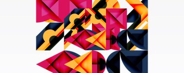 Soyut geometrik şekiller örtüşür, canlı renkli kompozisyon oluşturur. Pembe, turuncu, siyah baskın tasarım. Minimalist stil.