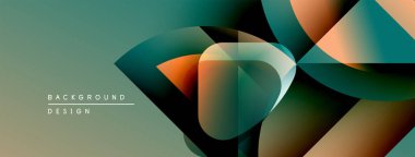 Abstract geometric shapes overlap, creating dynamic teal, orange gradients. Minimal text indicates background design concept.