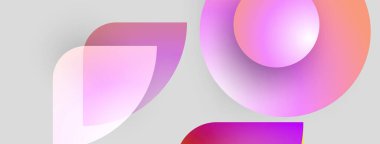 Abstract shapes overlap, creating vibrant gradients. Soft pinks, purples, oranges blend into light gray background. Modern design elements present.