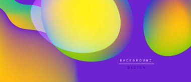 Soyut renkli şekiller çakışıyor. Canlı gradyanlar modern arkaplan tasarımı yaratır. Mor alt kısma hakim olur. Sarı küre belirgin.