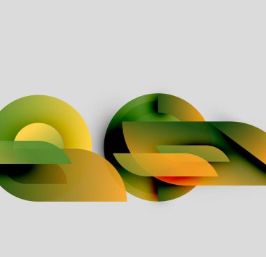 Soyut şekiller örtüşür, katmanlı etki yaratır. Renkler yeşillikler, sarılar, portakal grisi arka plan. Modern tasarım, pürüzsüz eğimler.