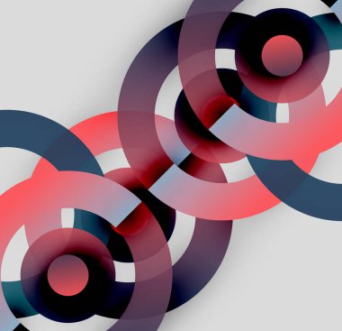 Soyut daireler çakışıyor, dinamik görsel etki yaratıyor. Kırmızı, deniz, gri renkler kompozisyona hakim. Modern tasarım ögesi.