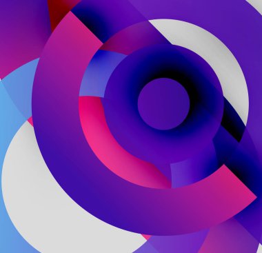 Üst üste binen daireler içeren soyut kompozisyon. Canlı mor, pembe, mavi renkler dinamik görsel efekt yaratır. Modern tasarım.