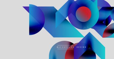 Abstract shapes overlap, creating dynamic color gradients. Blue, red hues dominate modern design. Minimalist aesthetic, clean lines present.