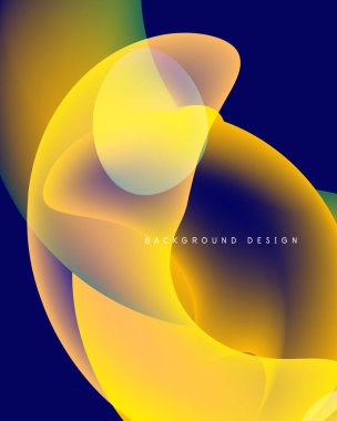 Abstract fluid shapes overlap, creating vibrant yellow, orange, blue gradients. Modern design element for backgrounds, presentations.