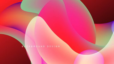Abstract fluid shapes blend, creating vibrant gradients. Pink, red, green hues dominate dark background. Modern design element.