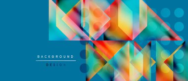 Soyut geometrik şekiller örtüşür, canlı renkli tasarım yaratır. Mavi arkaplan karşıtlık ve modern estetik sağlar.