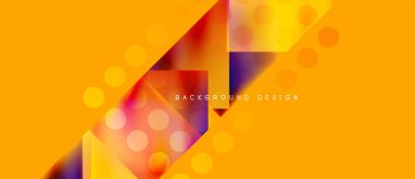 Parlak turuncu arkaplan soyut geometrik şekiller, gradyanlar, noktalar içerir. Dijital projeler için modern tasarım ögesi.