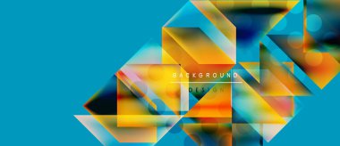 Soyut geometrik şekiller parlak mavi arkaplan ile örtüşür. Turuncu, sarı renkler dinamik görsel efekt yaratır. Modern tasarım ögesi.