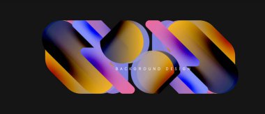 Soyut renkli şekiller örtüşür, dinamik görsel efekt yaratır. Arkaplan siyah, tasarım gradyan ve eğriler içerir.