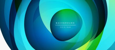 Soyut katmanlı tasarım. Mavi, yeşil renkler dairesel hareket yaratır. Orta metin arkaplan tasarımı okuyor. Modern, canlı estetik..