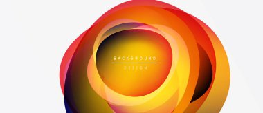 Soyut katmanlar canlı dairesel tasarım yaratır. Sıcak renkler baskın, sarıdan turuncuya dönüşüyor, mor. Metin arkaplan tasarımı okur.