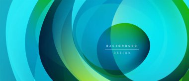 Soyut katmanlı daireler, canlı maviler, yeşiller. Modern tasarım hareket, derinlik ve enerji öneriyor. Temiz estetik, basit metin örtüsü.