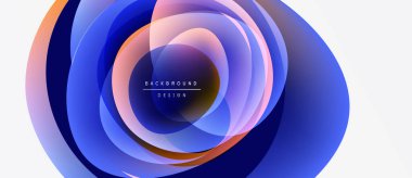 Soyut katmanlar dairesel tasarım yaratır. Mavi, turuncu renkler harmanlanarak modern arkaplan oluşturuyor. Metin arkaplan tasarımı okur.