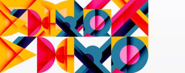 Soyut geometrik bileşim. Canlı renkler kesişiyor, dinamik desenler oluşturuyor. Şekiller örtüşür, karmaşık görsel doku oluşturur.