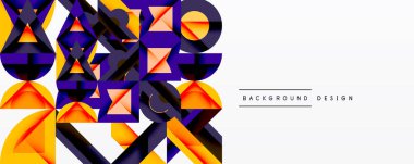 Abstract geometric shapes overlap, creating vibrant color contrast. Modern design features layered triangles, squares, circles.