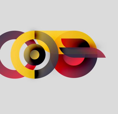 Abstract composition featuring overlapping circles, vibrant colors, dynamic shapes. Modern design, minimalist aesthetic, subtle shadows present.