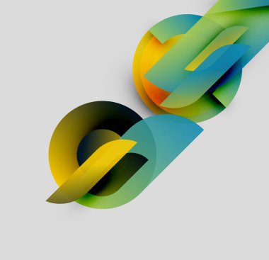 Abstract shapes overlap, creating vibrant gradients. Yellows, greens, blues blend seamlessly against gray background. Modern design elements present.