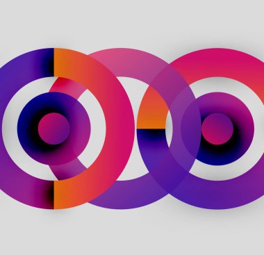 Abstract circles overlap, creating vibrant color gradients. Purple, orange, magenta, blue hues dominate composition. Modern design.