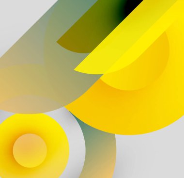 Abstract composition. Overlapping shapes, yellow, green, gray tones create dynamic visual effect. Minimalist design.