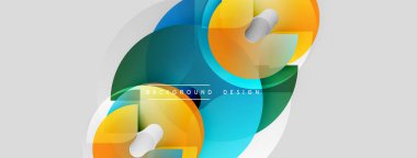 Abstract geometric shapes overlap, creating vibrant color layers. Orange, green, turquoise dominate neutral background. Modern design element.