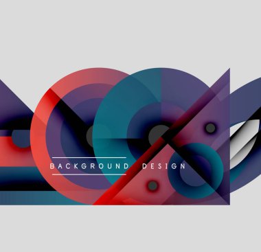 Soyut geometrik şekiller çakışıyor. Kırmızı, mavi, mor renkler kompozisyona hakim. Modern tasarım elementleri dinamik görsel efekt yaratır.