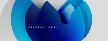 Abstract blue shapes overlap, creating dynamic background. Modern design features gradient colors, smooth curves, simple text.