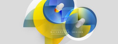 Abstract shapes overlap, creating vibrant yellow, blue hues. Modern design elements suggest dynamic composition, clean aesthetic.