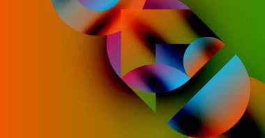 Canlı örtüşen şekiller içeren soyut bir kompozisyon. Renkler karışıyor, dinamik görsel deneyim yaratıyor. Modern tasarım, koyu renkler egemen..