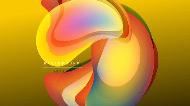 Soyut sıvı şekilleri örtüşür ve canlı renk değişimleri yaratır. Sarı arkaplan, akıcı tasarım elemanlarını vurgular. Modern, dinamik kompozisyon.