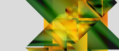 Soyut geometrik tasarım. Sarı, yeşil şekiller dinamik bileşim oluşturur. Işık efektleri derinlik ve doku ekler. Modern görsel element.