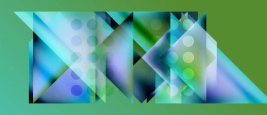 Soyut geometrik bileşim. Üst üste binen üçgenler, daireler katmanlı görsel efekt yaratır. Serin maviler, yeşiller palete hakim. Modern tasarım.