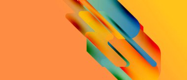 Soyut şekiller örtüşüyor, canlı renk değişimleri yaratıyor. Turuncu arka planda baskın, mavi aksanlar mevcut. Modern tasarım, pürüzsüz geçişler görünür.