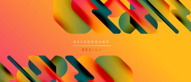 Soyut tasarım canlı örtüşen şekiller içerir. Sıcak turuncu daha serin kırmızılar, yeşiller ve sarılara karışıyor. Modern estetik, dinamik kompozisyon.