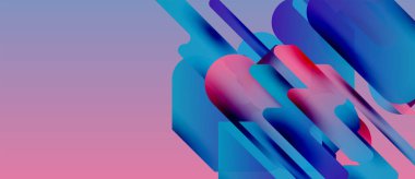 Soyut geometrik şekiller canlı mavileri, pembeleri, morları harmanlarlar. Pürüzsüz gradyanlar dinamik görsel efekt yaratır. Modern tasarım.