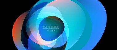 Soyut katmanlar canlı, akışkan bir tasarım yaratır. Mavi, turuncu renkler karışıyor, dairesel desen oluşturuyor. Metin arkaplan tasarımı okur.