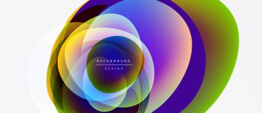 Soyut renkli çakışan daireler dinamik arkaplan oluşturur. Gradyan renkler harmanlanarak modern tasarım elementini oluşturur. Minimalist estetik.