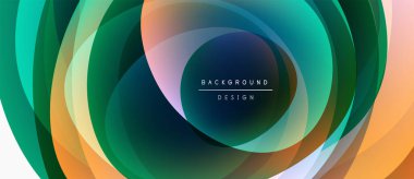 Soyut katmanlar dinamik dairesel desen oluşturur. Canlı renkler harmanlanarak modern arkaplan tasarımı oluşturur. Yumuşak eğimler hareketi, derinliği gösterir.