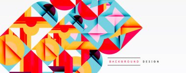 Soyut geometrik şekiller örtüşür, canlı renkli kompozisyon oluşturur. Katmanlı elementlerle modern tasarım, dinamik görsel efekt.