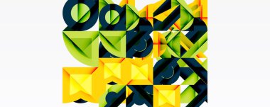 Soyut geometrik bileşim. Parlak sarı, yeşil, siyah şekiller birbirine kenetlenir, dinamik görsel doku oluşturur. Modern tasarım elemanları.