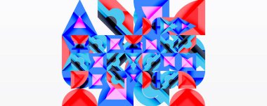 Soyut geometrik bileşim. Üçgenler, kareler örtüşüyor canlı, renkli desenler yaratıyorlar. Modern dijital sanat tarzı.