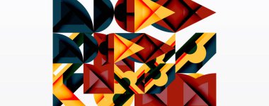 Soyut geometrik bileşim. Şekiller örtüşüyor, dinamik görsel doku oluşturuyor. Beyaz arkaplan karşısında sıcak, serin renkler.