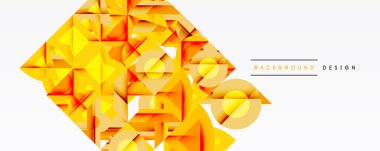 Soyut çokgen tasarımı. Parlak sarı, turuncu renkler dinamik geometrik desen oluşturur. Projeler için modern arkaplan ögesi.