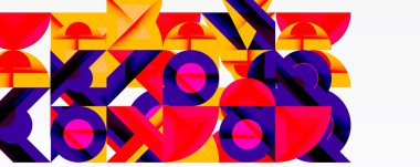 Soyut geometrik bileşim. Kalın şekiller, canlı renkler dinamik görsel desenler yaratır. Modern tasarım, oyuncu estetik.