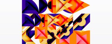 Soyut geometrik şekiller, canlı renkler kompozisyona hakim. Üçgenler kenetlenip, dinamik görsel doku oluşturuyorlar. Turuncu, mor, sarı renkler mevcut.