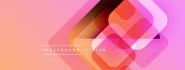 Soyut geometrik şekiller örtüşür, canlı bir gradyan arkaplan oluşturur. Şeftali, pembe, mor renkler tasarımda baskın. Mevcut en küçük metin.