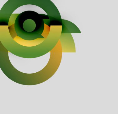 Abstract design features overlapping green, yellow circles. Minimalist composition with gradient shades, modern aesthetic. Clean lines, simple forms.