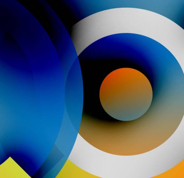 Abstract composition featuring overlapping circles. Colors blendblues, oranges, yellows create dynamic visual effect. Minimalist design.
